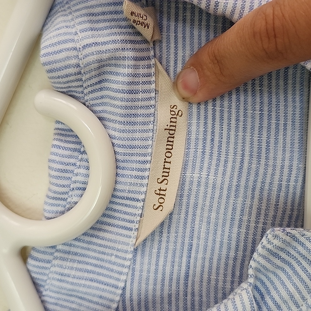 Soft Surroundings Linen Maxi Dress Blue White Striped Embroidered Side Slits S - Picture 6 of 11